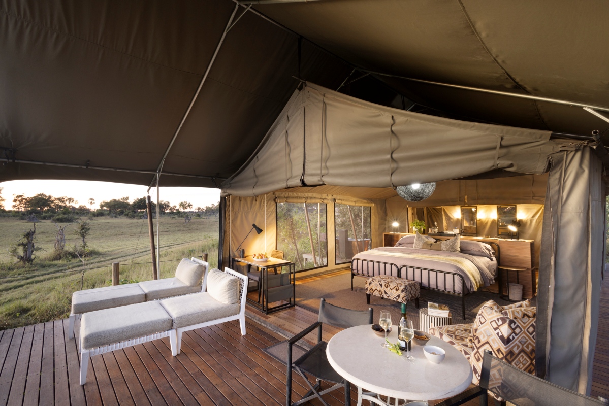 Gomoti Private Botswana - Luxury Tent Sunset Interior